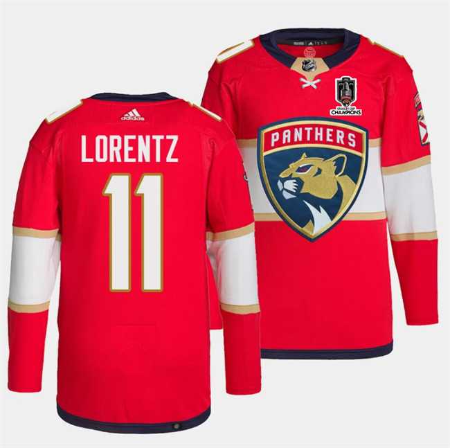 Mens Florida Panthers #11 Steven Lorentz Red Home 2024 Stanley Cup Champions Stitched Jersey Dzhi